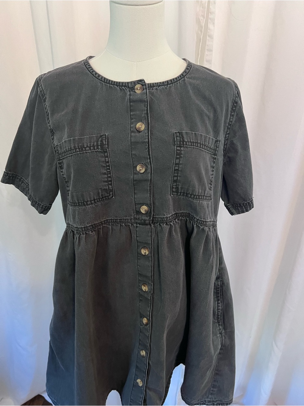 ASOS Washed Black Denim Button-Front Short Sleeve Babydoll Dress.